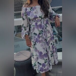 Maison Tara White Dress with Purple and Green Print